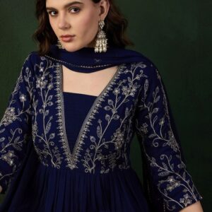Navy Blue Ethnic Motifs Embroidered A-Line Kurta With Trouser & Dupatta
