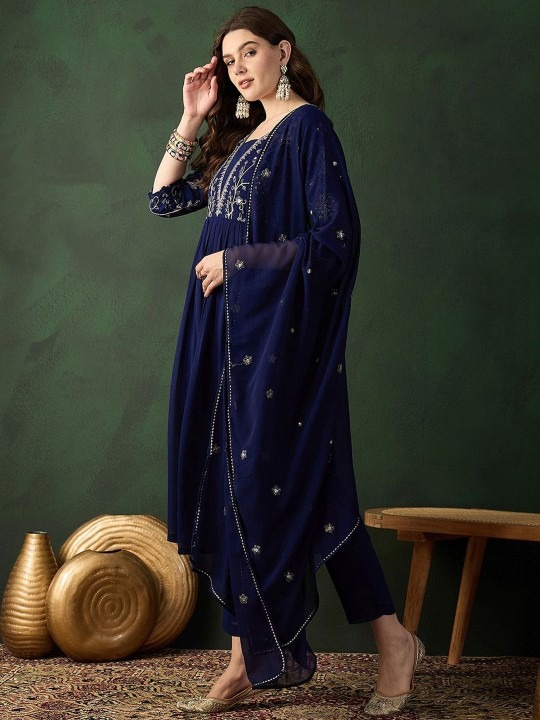 Navy Blue Ethnic Motifs Embroidered A-Line Kurta With Trouser & Dupatta - Image 3