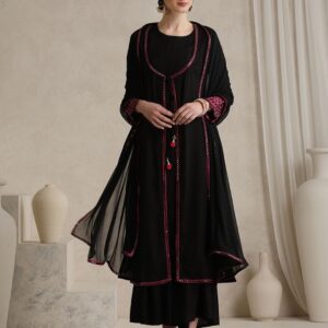 Geometric Embellished Mirror Work A-Line Kurta With Sharara & Dupatta