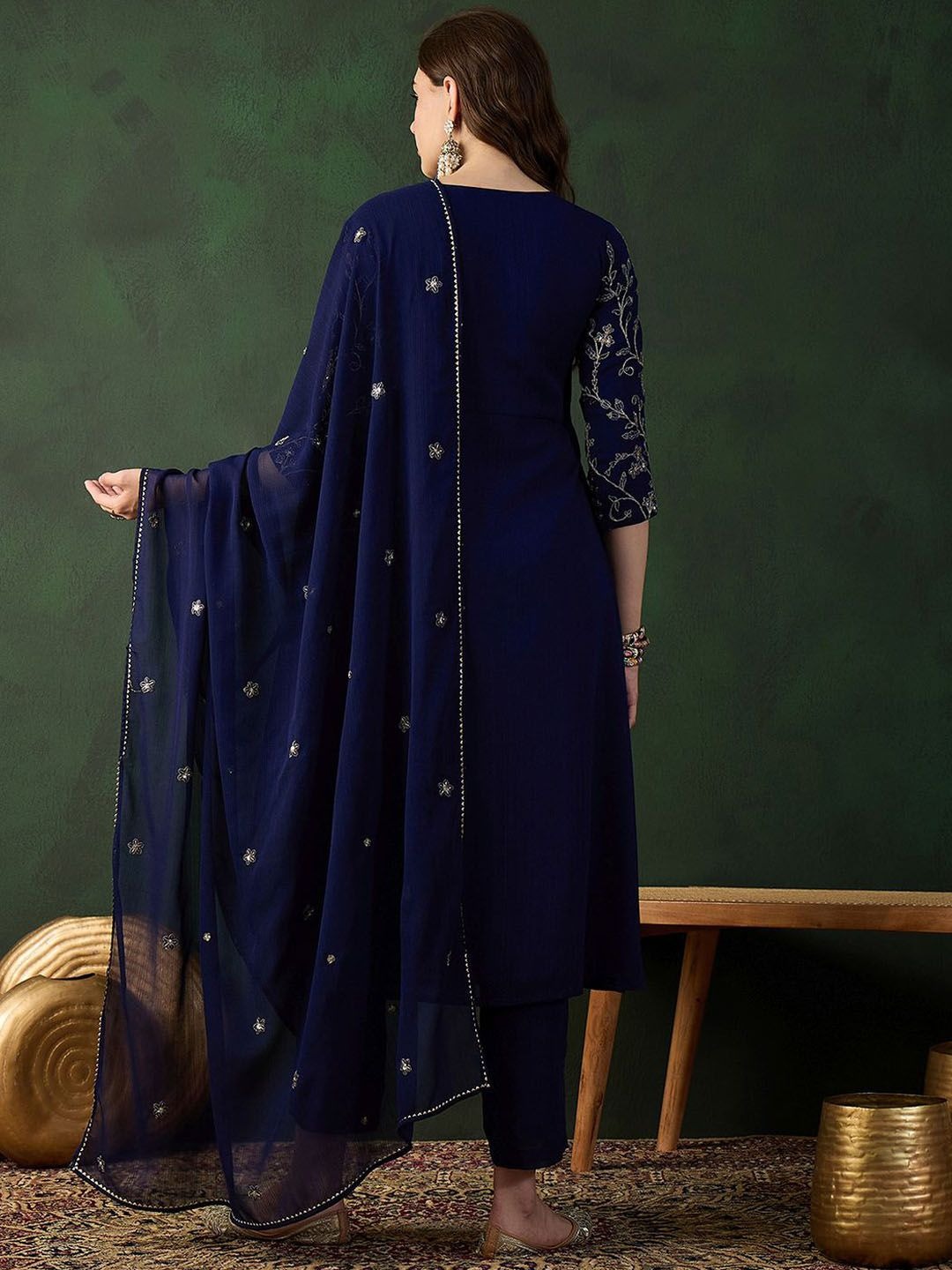 Navy Blue Ethnic Motifs Embroidered A-Line Kurta With Trouser & Dupatta - Image 5